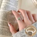 Silver square smiley face open ring, minimalist geometric fashion finger jewelry for women. - Square Smile Face Open Ring (JZ7975)