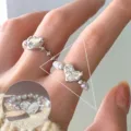 Silver double layer heart pearl ring, trendy sweet cool style open index finger jewelry for women. - Double Layer Heart Zirconia Ring(JZ6048)