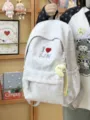Grey melange student school backpack detail, casual canvas book bag with cute embroidered heart. - Moon Charm / Gray