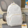 Cute white star print backpack with delicate lace trim, perfect for daily school and travel. - No Pendant / White