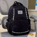 French lace star print backpack, cute girly school bag, casual versatile daypack for students. - No Pendant / Black