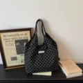 Black polka dot canvas shoulder bag, stylish casual hobo tote for daily wear and shopping. - No Pendant / Black