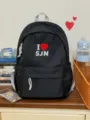 Black casual canvas school backpack with embroidered heart design for daily student travel use. - No Pendant / Black