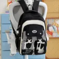 Black and white canvas student backpack with cute bunny ears, bow ribbons and multiple pockets. - No Pendant No Rabbit Head / Black