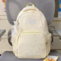 Cute French style lace star print canvas backpack for daily school travel and casual wear. - Pearl Bowknot Pendant / Yellow