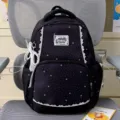 Dark star print backpack with white lace trim, girlish student school bag and daily daypack. - Pearl Bowknot Pendant / Black