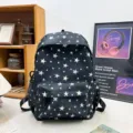 Black backpack with colorful star pattern, multi-compartment student school bag for daily commute. - Black (No Pendant)