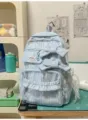 Light blue plaid school backpack with cute double bows and side ribbons for daily travel and students. - No Pendant / Blue