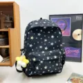 Black starry backpack for school girls, casual multi-compartment bookbag with cute star plush pendant. - Black + Yellow Star with Ball