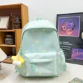 Ice blue pastel star print backpack with cute star pendant, multi-compartment student bag. - Green + Yellow Star with Ball