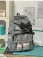 Black and white gingham student backpack with bows, transparent pocket, sweet casual daypack. - Gluttonous Bear + Carrot Rabbit Pendant / Black