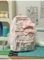 Pink gingham student backpack with cute bows and clear front pocket for daily school and travel use. - Gluttonous Bear + Carrot Rabbit Pendant / Pink