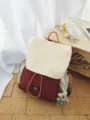 Color-blocked casual backpack with drawstring and cute bear pendant for daily outdoor hiking trips. - Crooked Neck Bear Pendant / Burgundy