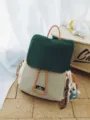 Casual green and beige colorblock backpack with rope drawstring and cute bear pendant. - Crooked Neck Bear Pendant / Dark Green