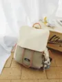 Two-tone canvas backpack with drawstring closure beige and grey casual daily travel daypack - Crooked Neck Bear Pendant / Khaki