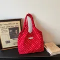 Red white polka dot canvas tote bag casual shoulder handbag for women daily shopping travel cute aesthetic - No Pendant / Red
