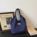 Blue polka dot canvas shoulder bag casual daily commuting tote bag for women stylish. - No Pendant / Blue