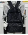 Star print school backpack for students, casual black daypack with cute bunny pendant. - Flying Rabbit Pendant / Black