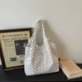 White polka dot canvas shoulder bag, casual lightweight daily commuter underarm handbag. - No Pendant / White