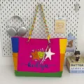 Dopamine color-blocked canvas tote bag, lightweight casual shoulder bag with large capacity. - No Pendant / Pink