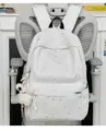 American college style star print backpack, white casual school bag for students daily use. - Flying Rabbit Pendant / White