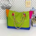 Color-block canvas tote bag, lightweight large capacity casual shoulder bag for daily use. - No Pendant / Green