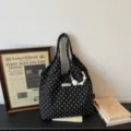 Black polka dot canvas shoulder bag with pearl pendant casual daily tote bag style variant - With Charm / Black