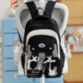 Black and white bunny ear school backpack with cute ribbons, perfect for daily student use. - Pink Lace Polka Dot Five-Pointed Star + 1 Rabbit Head / Black