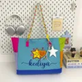 Dopamine color-block canvas tote bag, large capacity casual shoulder bag with braided straps. - No Pendant / Blue