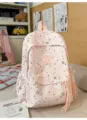 Pink star print student backpack cute casual school bag with multiple compartments and tassel charm. - No Pendant / Pink