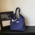 Navy Blue Polka Dot Canvas Shoulder Bag with Pearl Strap Casual Chic Everyday Handbag - With Charm / Blue
