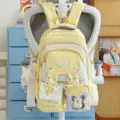 Cute rabbit ear canvas school backpack in light yellow with ribbons for teenage girls variant. - Pink Lace Polka Dot Five-Pointed Star + 1 Rabbit Head / Yellow