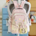 Cute pink rabbit ear school backpack with ribbons and stripes for teen girls school daily use. - Pink Lace Polka Dot Five-Pointed Star + 1 Rabbit Head / Pink