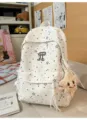 White star constellation print canvas school backpack with cute plush pendant for daily commute. - Goku Star / White