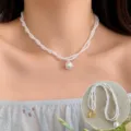 Elegant double layer pearl choker necklace with large pendant sweet chic clavicle chain. - Double Layer Pearl Large Single Bead Style (XL2200)