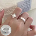 Matte silver open ring with seashell and inlaid colorful stones, chic adjustable band for women. - Frosted Shell Gemstone Style (JZ5230) / Open Adjustable