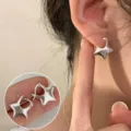 Silver star hoop earrings minimalist geometric non-piercing ear clips fashion jewelry - 3D Pentagram (ED2002) / Single Piece
