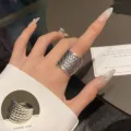 Stylish wide woven texture open ring for women, trendy geometric multi-layer finger jewelry. - Adjustable Open Size / Wide Braided Texture Geometric Multilayer Ring (JZ9863)