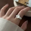 Minimalist silver ring with oval stone and beaded band, trendy multi-layer stackable jewelry. - Open Adjustable / Multi Layer Beaded Lines Irregular Oval Open Ring (JZ5137) / Silver