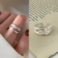 Silver geometric multi-layer open ring for women, stylish niche design index finger ring. - Adjustable Open Size / Multilayer Cross Line Geometric Style (JZ6357)