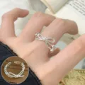 Chic silver bow ring, adjustable open band design, minimalist daily fashion jewelry. - Adjustable Open Size / Delicate Bowknot Beaded Accented Ring (JZ5584)