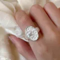 Silver floral oval ring, minimalist design open adjustable ring for women daily wear. - Open Adjustable / Oval Daisy Relief Rhinestone Inlaid Style (JZ5035)
