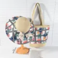 Conjunto de sombrero de paja y bolso tote con estampado de cuadros en blanco y negro y hojas. - Estilo 3 Juego Combinado / Juego de 2 Piezas (Sombrero + Bolso)
