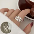 Silver stackable open ring with frosted brushed texture, minimalist chic design for women. - Open Adjustable / Multi Layer Overlaid Lines Brushed Matte Open Ring (JZ5020) / Silver
