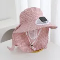 Chapeau de soleil pour femme avec ventilateur solaire, large bord et protège-nuque été. - Rose