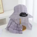 Detail view of women sun hat with solar fan and neck flap, large brim anti-UV fishing cap. - Solar + Rechargeable 600MA / Light Purple