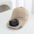 Close-up detail of the khaki mesh baseball cap with integrated solar charging fan brim. - Solar + Rechargeable 600MA / Khaki
