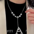 Trendy Y-shaped silver necklace with cute letter pendant and charms, delicate clavicle chain. - Y-Shape Multi Pendant Cat Star Style (XL1691)