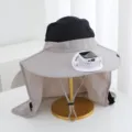 Outdoor sun protection bucket hat with solar fan neck flap cooling cap summer hiking fishing - Solar + Rechargeable 600MA / Light Gray