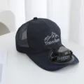 Rechargeable usb fan sun hat summer outdoor mesh breathable baseball cap with mountain embroidery - Solar Power and Rechargeable Model 600MA / Navy Blue